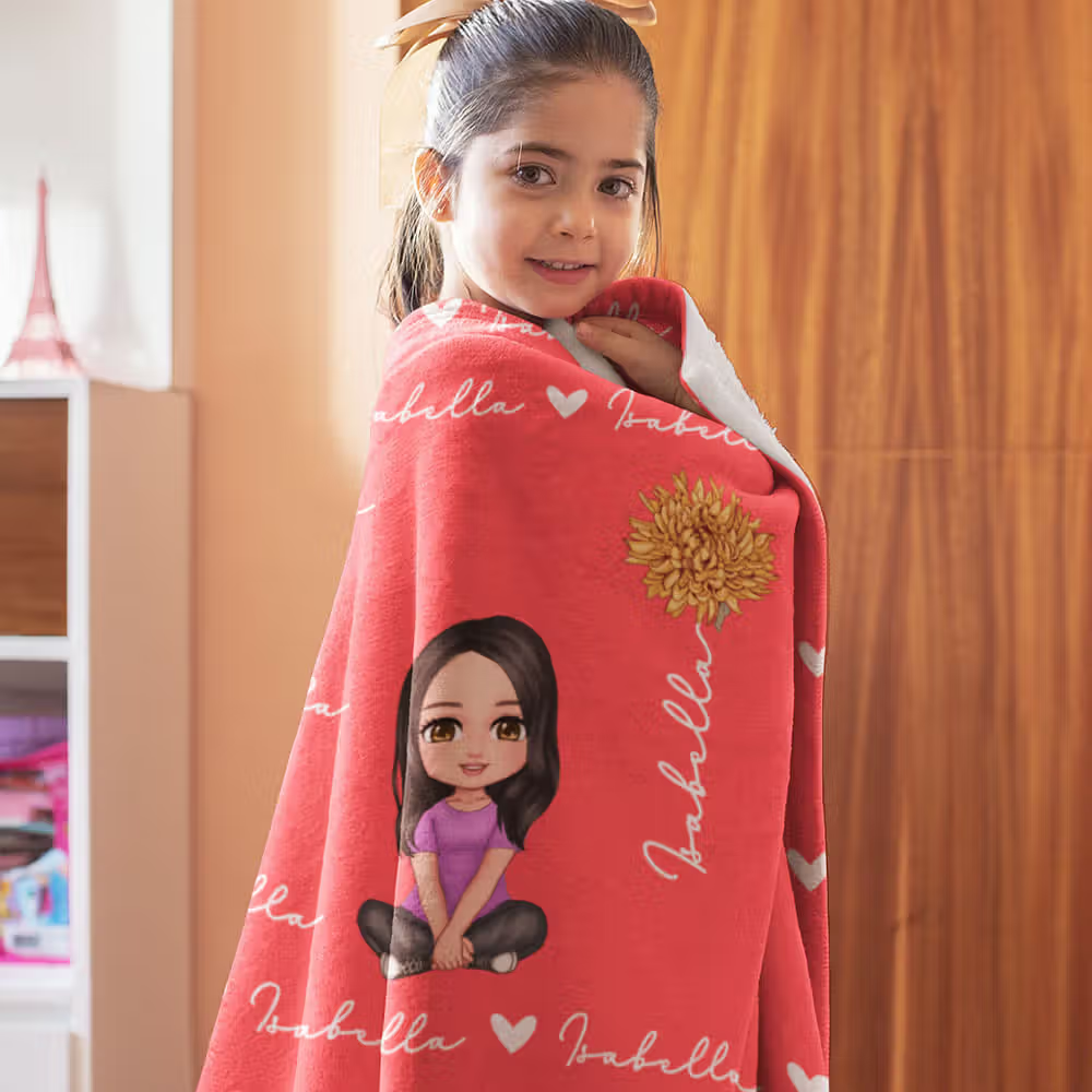 Personalisierte Cartoon-Figur Kuscheldecke mit Geburtsblume und Namen