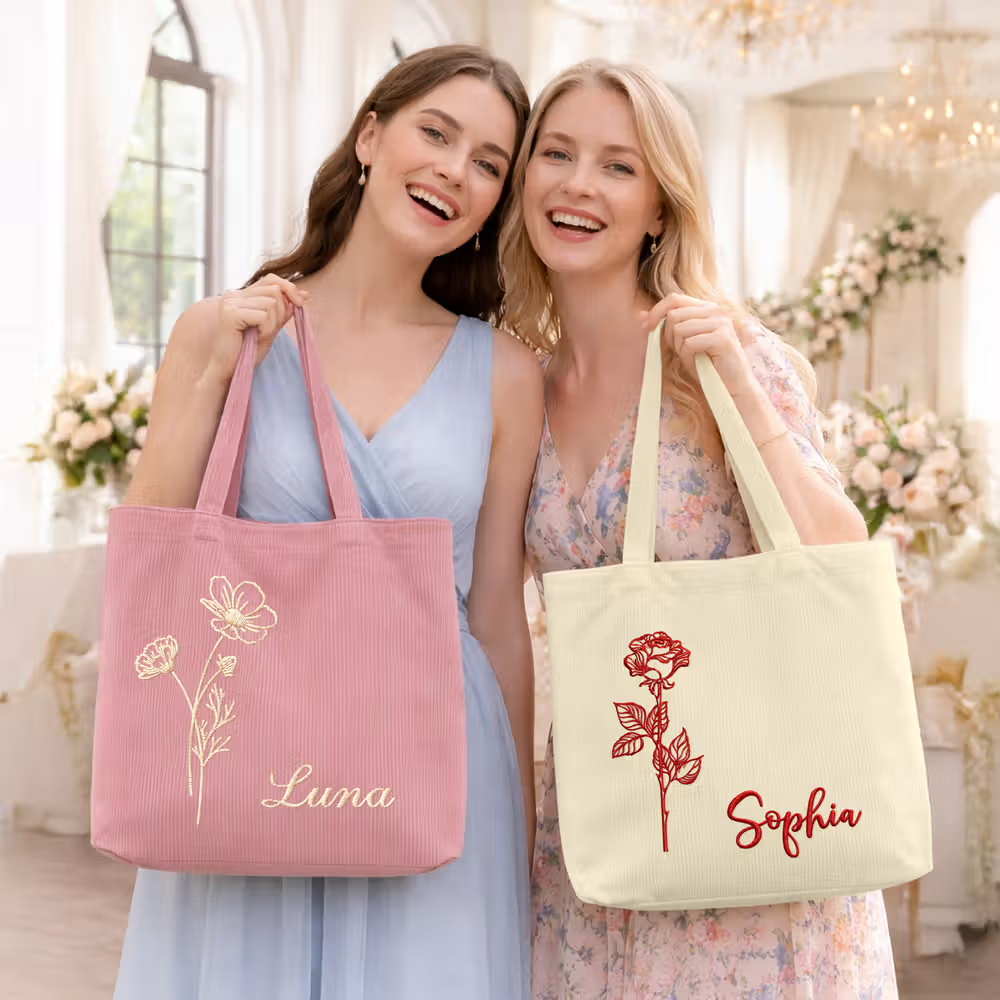 Personalisierte Kord-Tragetasche mit bestickter Geburtsblume und Namen