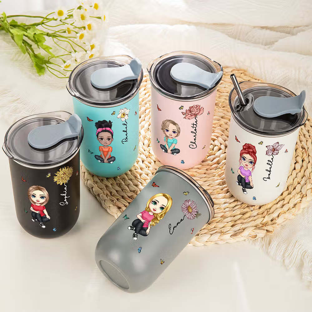 Lieblingsgetränke stilvoll genießen: Personalisierter Cartoon-Thermobecher mit Strohhalm, Geburtsblume und Namen