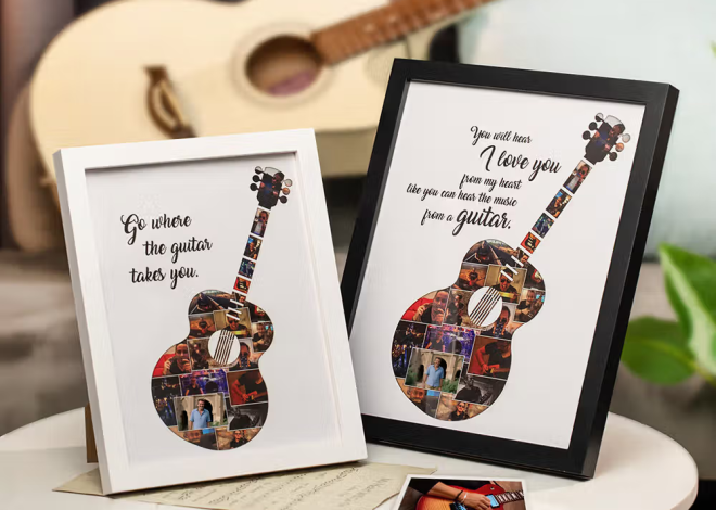 Personalisierter Gitarren-Bilderrahmen mit Fotocollage und Wunschtext