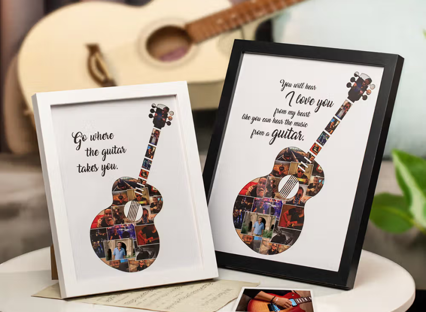 Personalisierter Gitarren-Bilderrahmen mit Fotocollage und Wunschtext