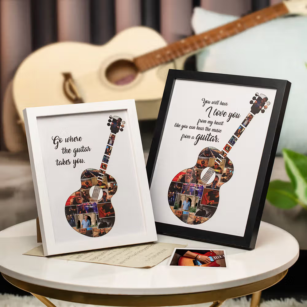 Personalisierter Gitarren-Bilderrahmen mit Fotocollage und Wunschtext