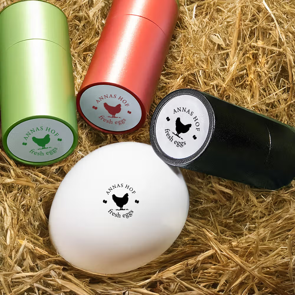 Personalisierter Eierstempel mit lebensmittelechter Stempelfarbe und Hühnermotiv