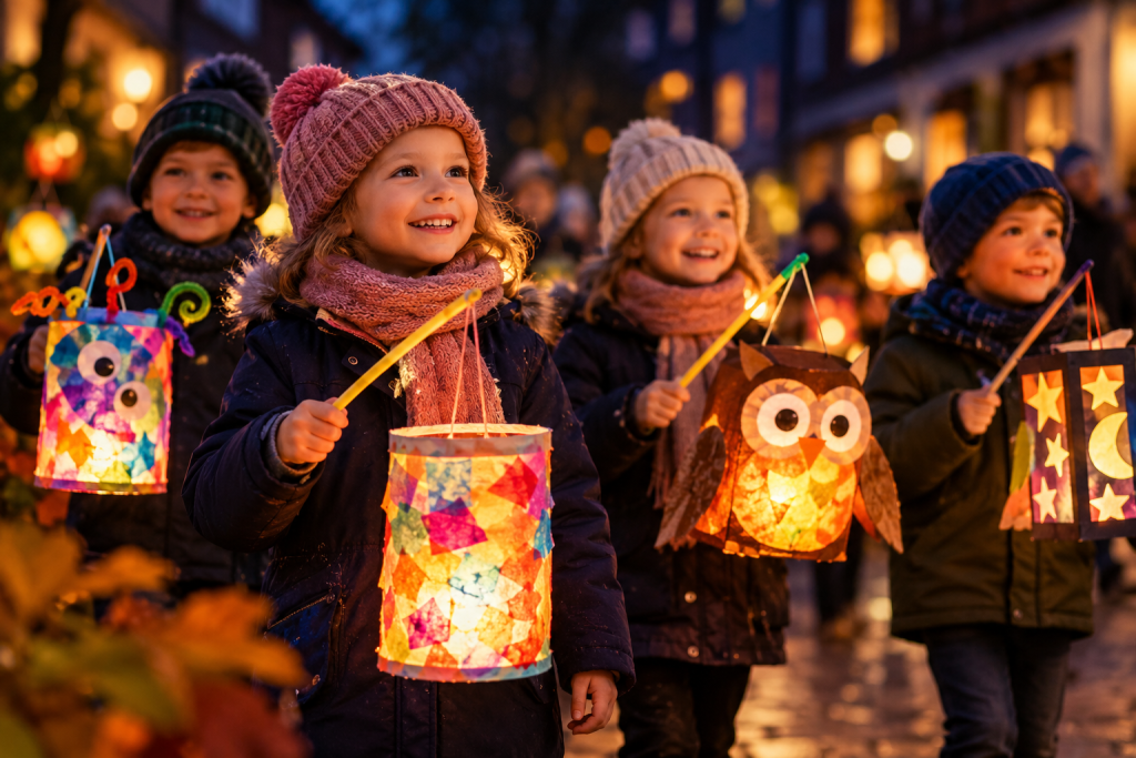 Kinder nahmen an der nächtlichen Parade teil und trugen bunte Laternen, die sie selbst gebastelt hatten.