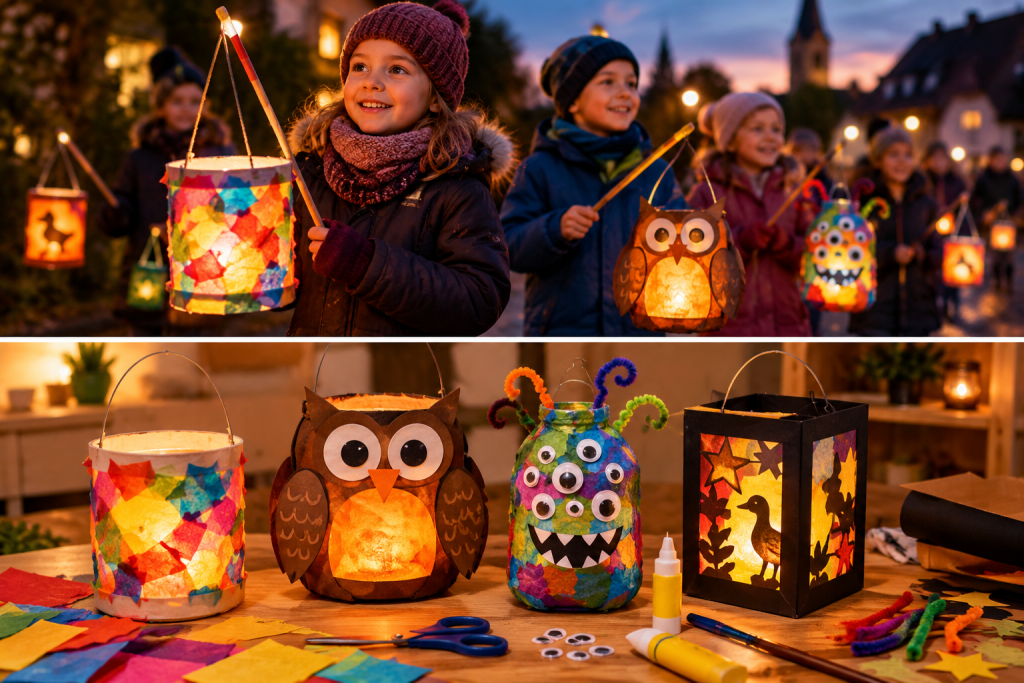 Kinder nahmen an der nächtlichen Parade teil und trugen bunte Laternen, die sie selbst gebastelt hatten.