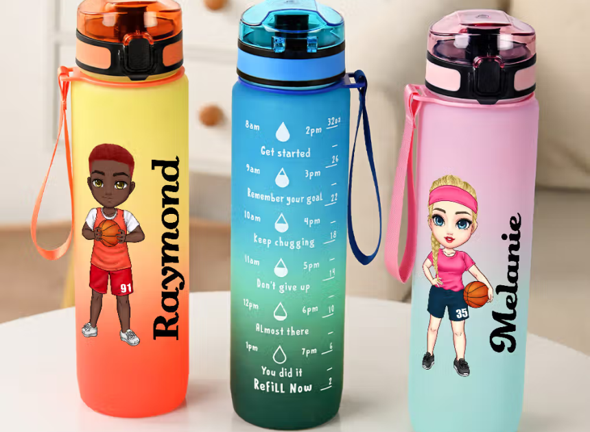 Personalisierte Basketball-Sporttrinkflasche mit Zeitskala, Farbverlauf und Namen