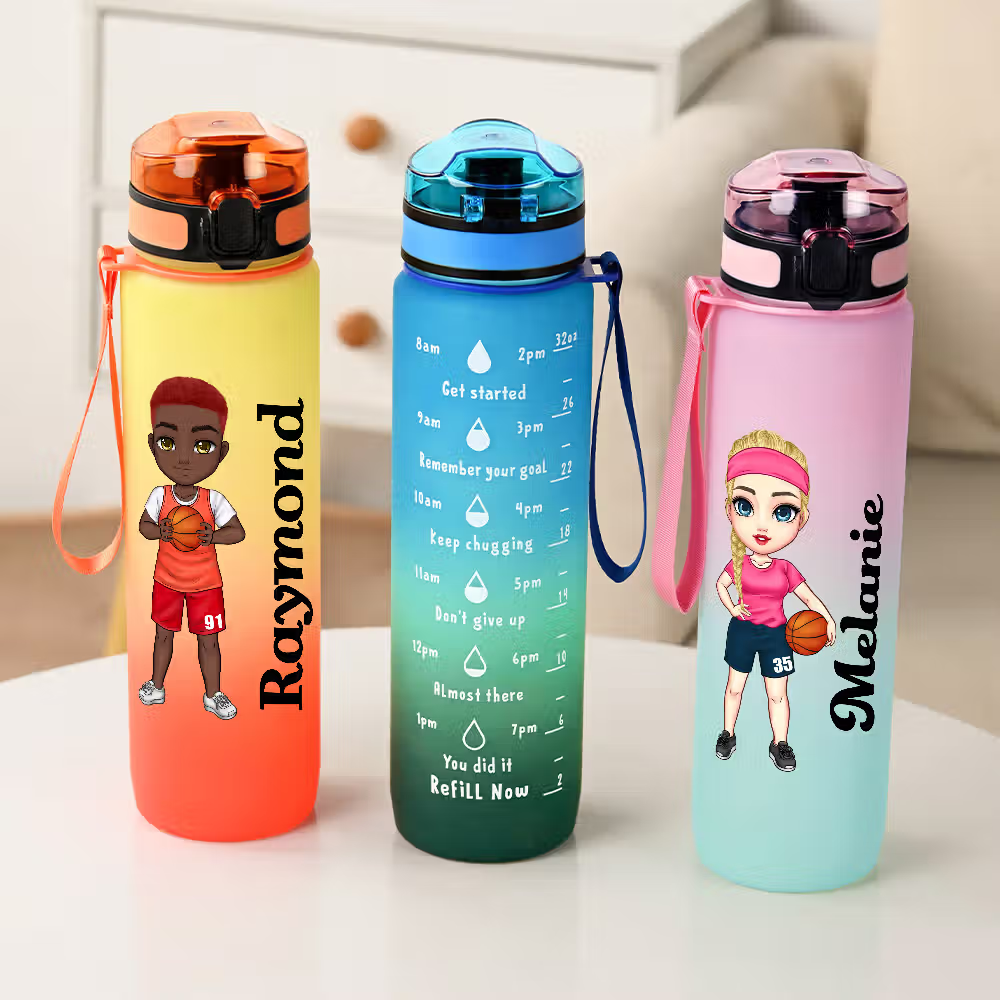 Personalisierte Basketball-Sporttrinkflasche mit Zeitskala, Farbverlauf und Namen