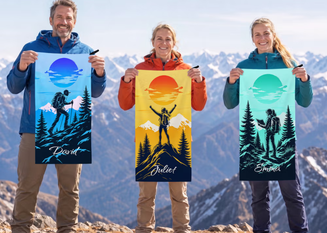 Personalisiertes Outdoor-Sporthandtuch mit Wanderer-Silhouette und Namen