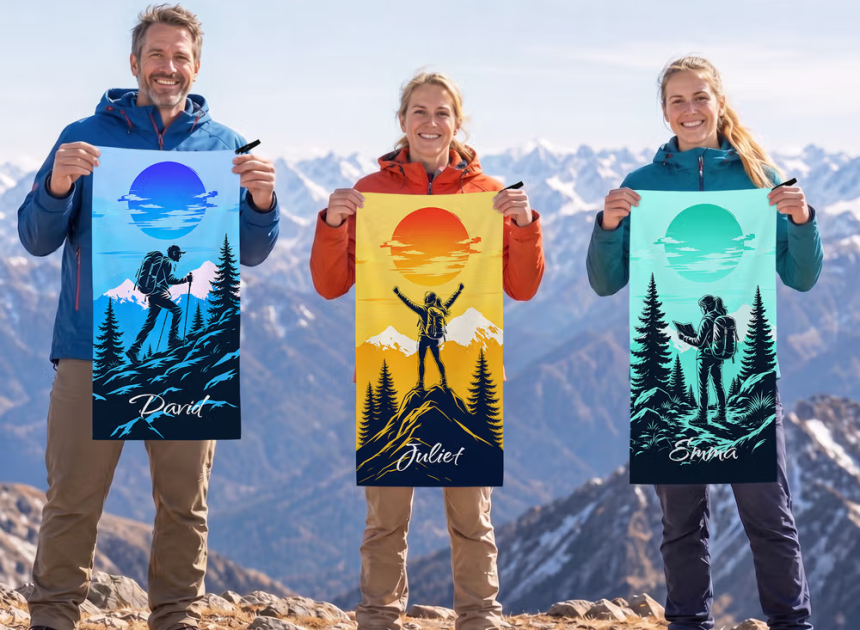Personalisiertes Outdoor-Sporthandtuch mit Wanderer-Silhouette und Namen