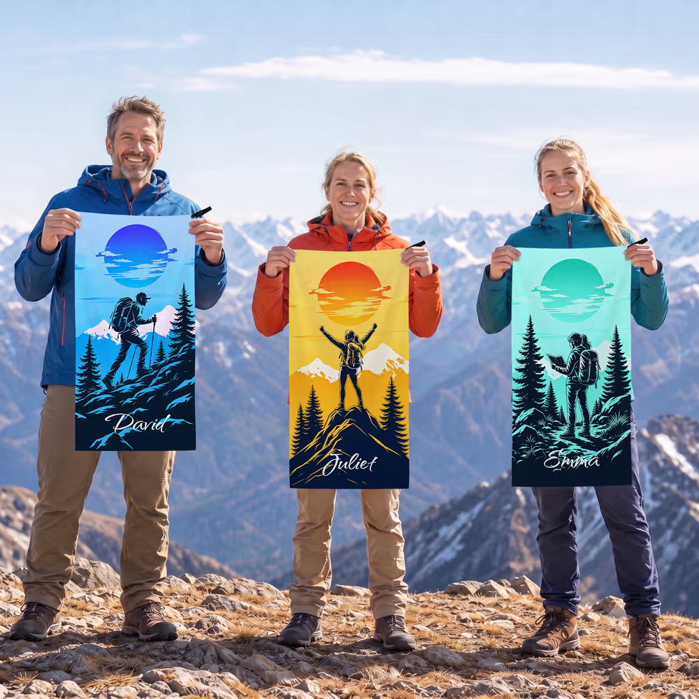 Personalisiertes Outdoor-Sporthandtuch mit Wanderer-Silhouette und Namen