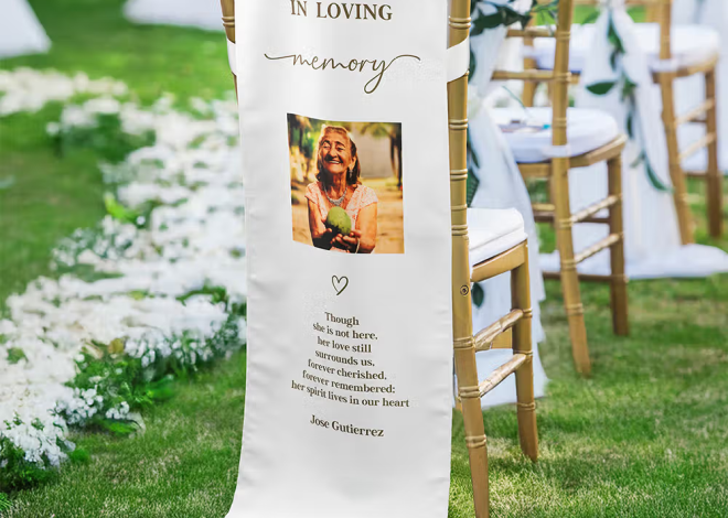 Personalisiertes Stuhlbanner zur Hochzeit mit Foto, Botschaft und Namen