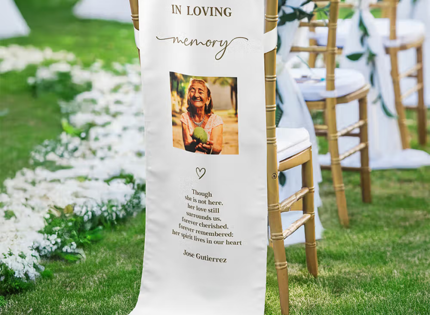 Personalisiertes Stuhlbanner zur Hochzeit mit Foto, Botschaft und Namen