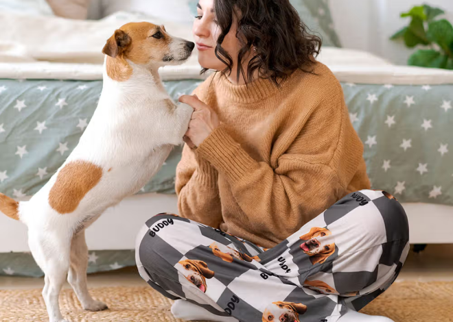 Personalisierte Hund-Katze-Gesicht-Foto-Pyjamahose mit Namen und Kordelzug