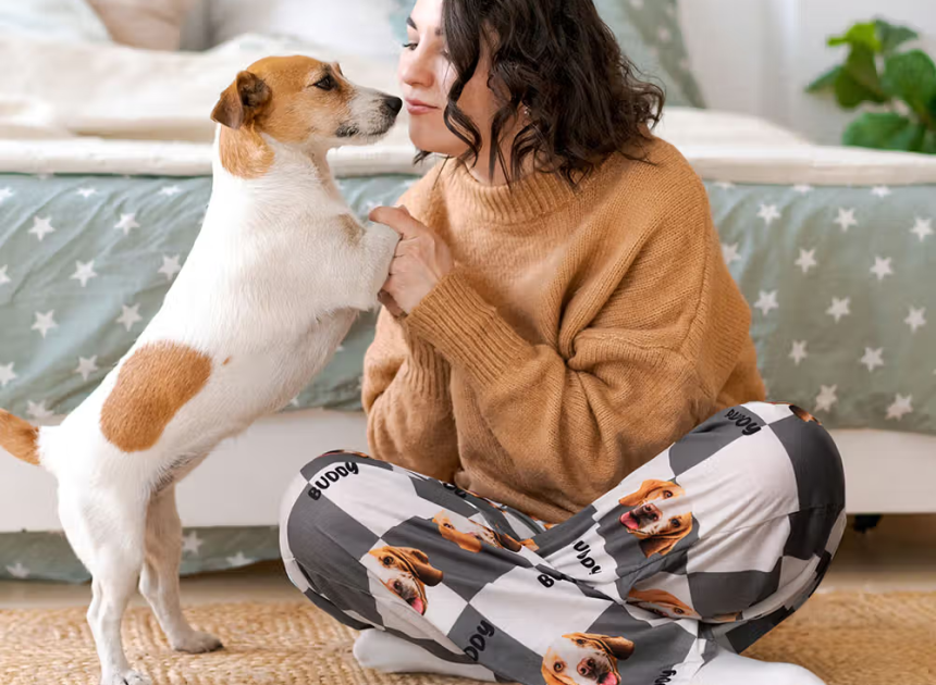 Personalisierte Hund-Katze-Gesicht-Foto-Pyjamahose mit Namen und Kordelzug