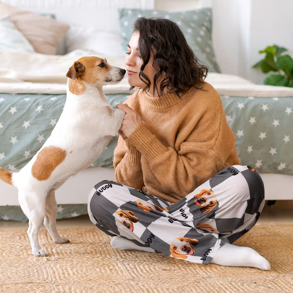 Personalisierte Hund-Katze-Gesicht-Foto-Pyjamahose mit Namen und Kordelzug