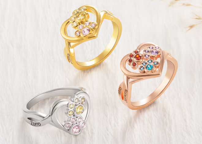 Personalisierter Pfotenabdruck-Ring mit Geburtssteinen und Namensgravur