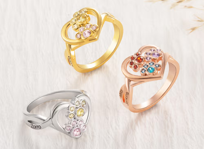 Personalisierter Pfotenabdruck-Ring mit Geburtssteinen und Namensgravur