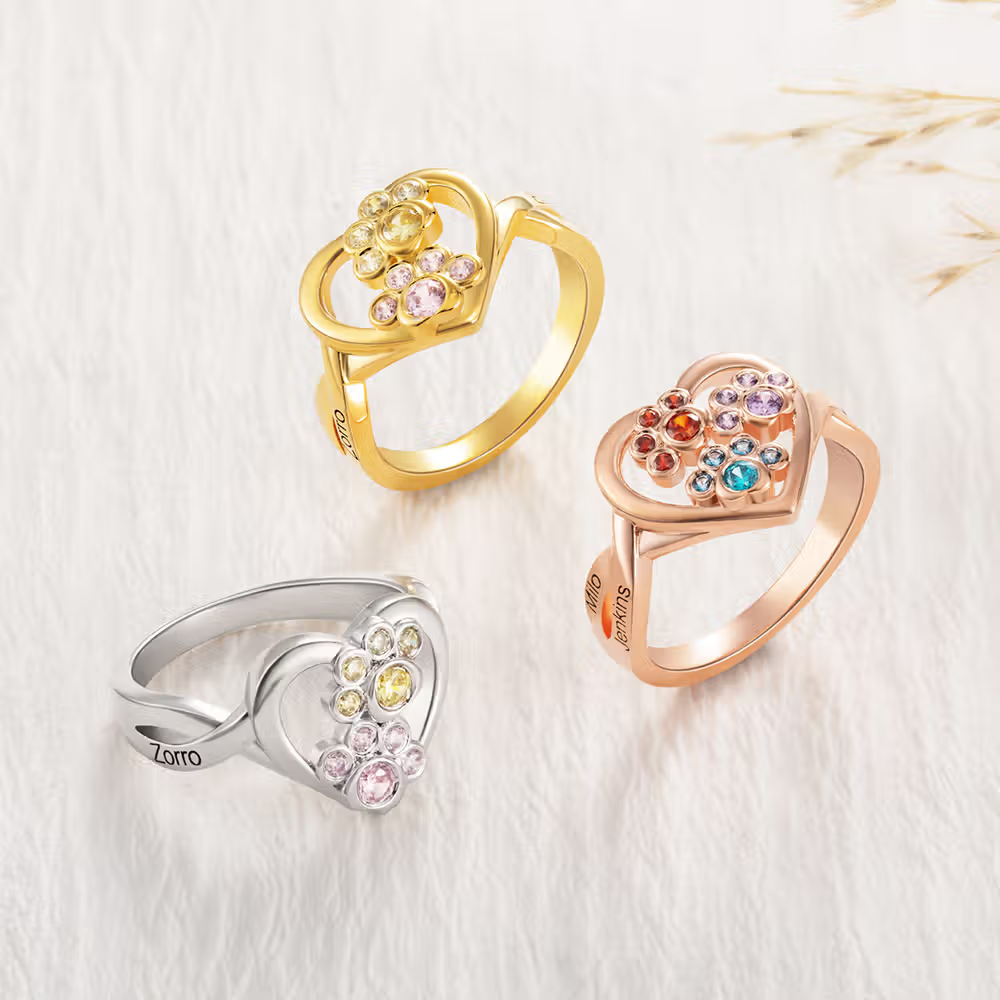 Personalisierter Pfotenabdruck-Ring mit Geburtssteinen und Namensgravur